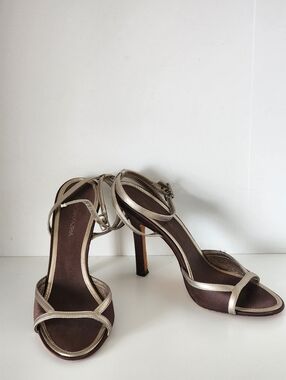 BCBG Satin Brown and Gold Ankle Strap Heels